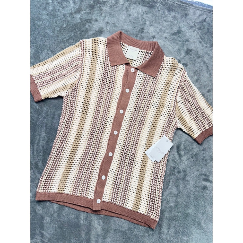 Mens Massive‎ Luxury Knit Polo Shirt Short Sleeve Striped Button Up Size S